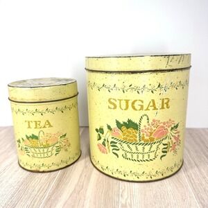 Vintage Tin Box Co Tea Sugar Canister Set Yellow Litho Kitchen Tins READ
